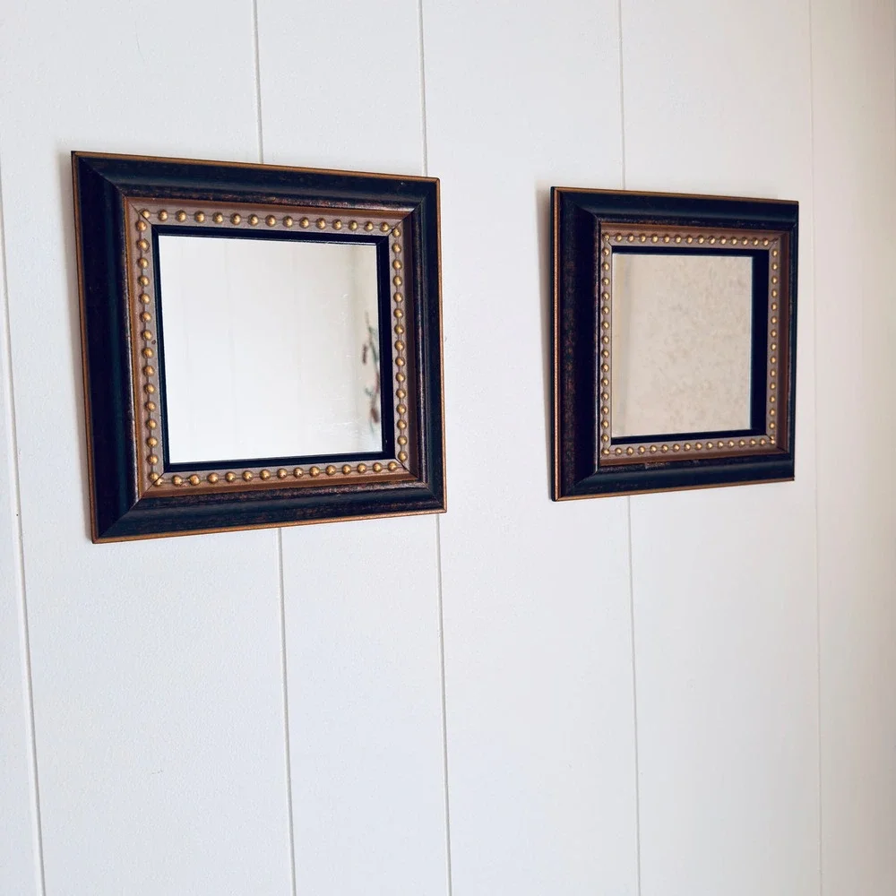 Home Interiors Co Set of 2 Square Mirrors Bronze Gold Beaded Frame Vintage 2003
